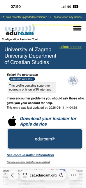 Odabir eduroam WiFi only profila